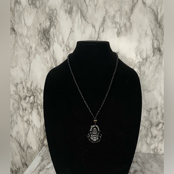 JADE obsidian Black Hand Carved Maitreya Buddah Pendant Necklace - Picture 3 of 9